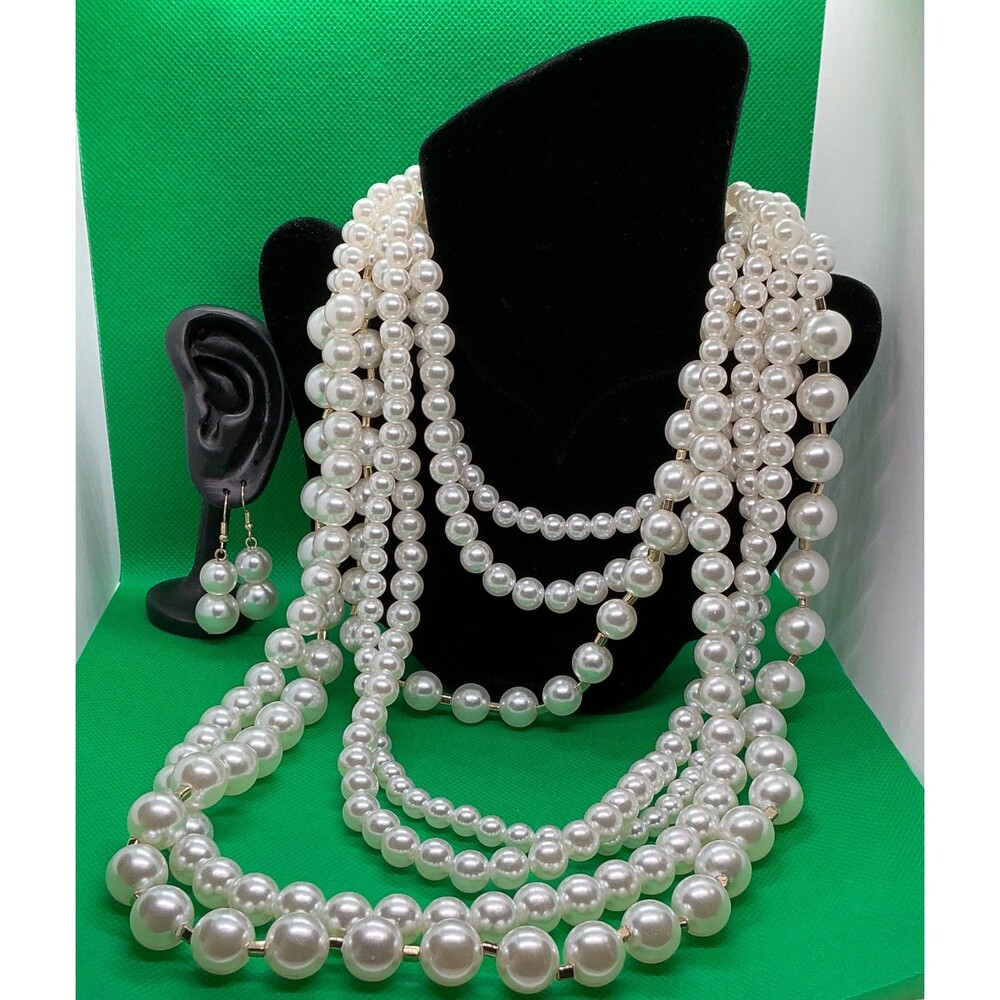 New 7 Strand Faux Statement Pearl Necklace Jewelry Set Gift Women Teen Large 32”